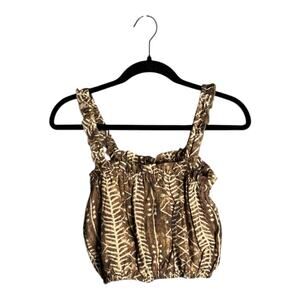 Elan Brown White Printed Cropped Tank Ruffle Straps Medium